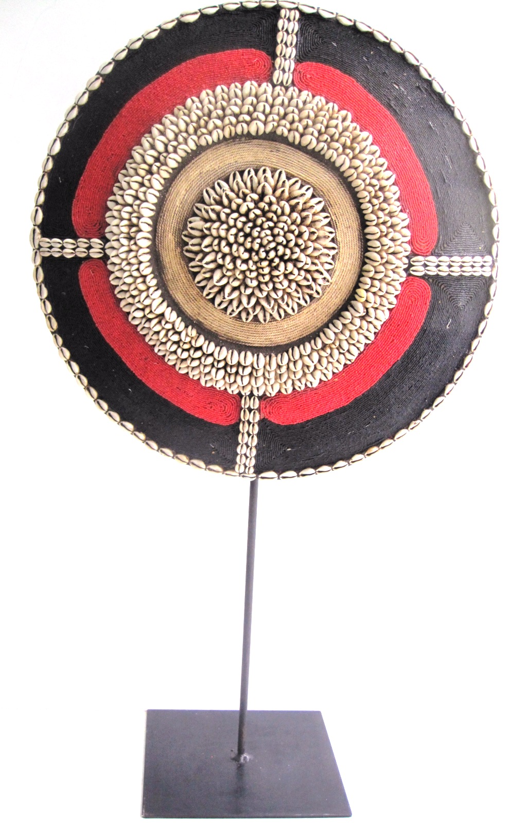 Shield w Black & Red Beadwork, Pastel string and Cowrie Shells